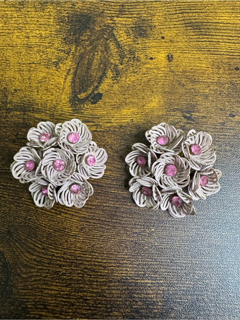 4/$20 Vintage Pink Cluster Floral Clip-On Earrings - Metal with Rhinestones 50s